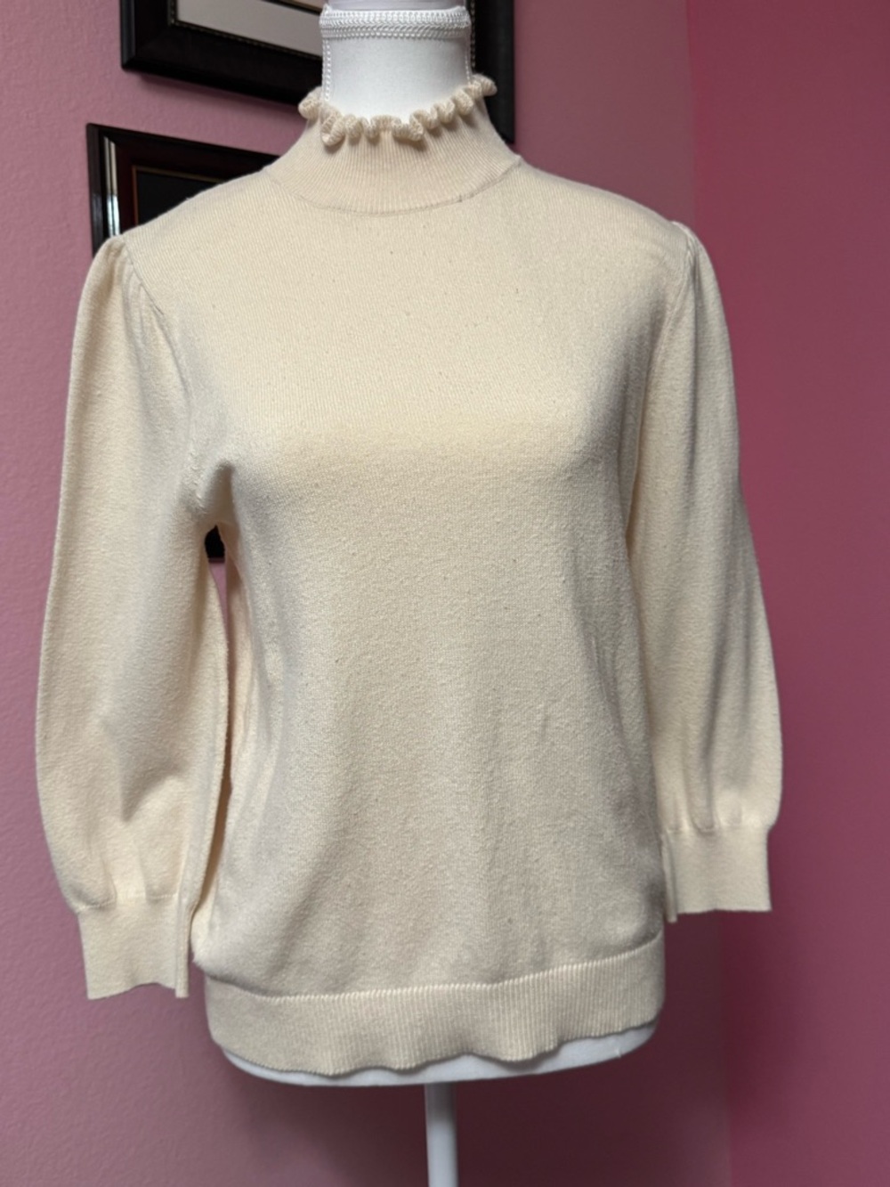 Ann Taylor Cream Mock Neck Women's Sweater with Decorative Trim on Neckline.